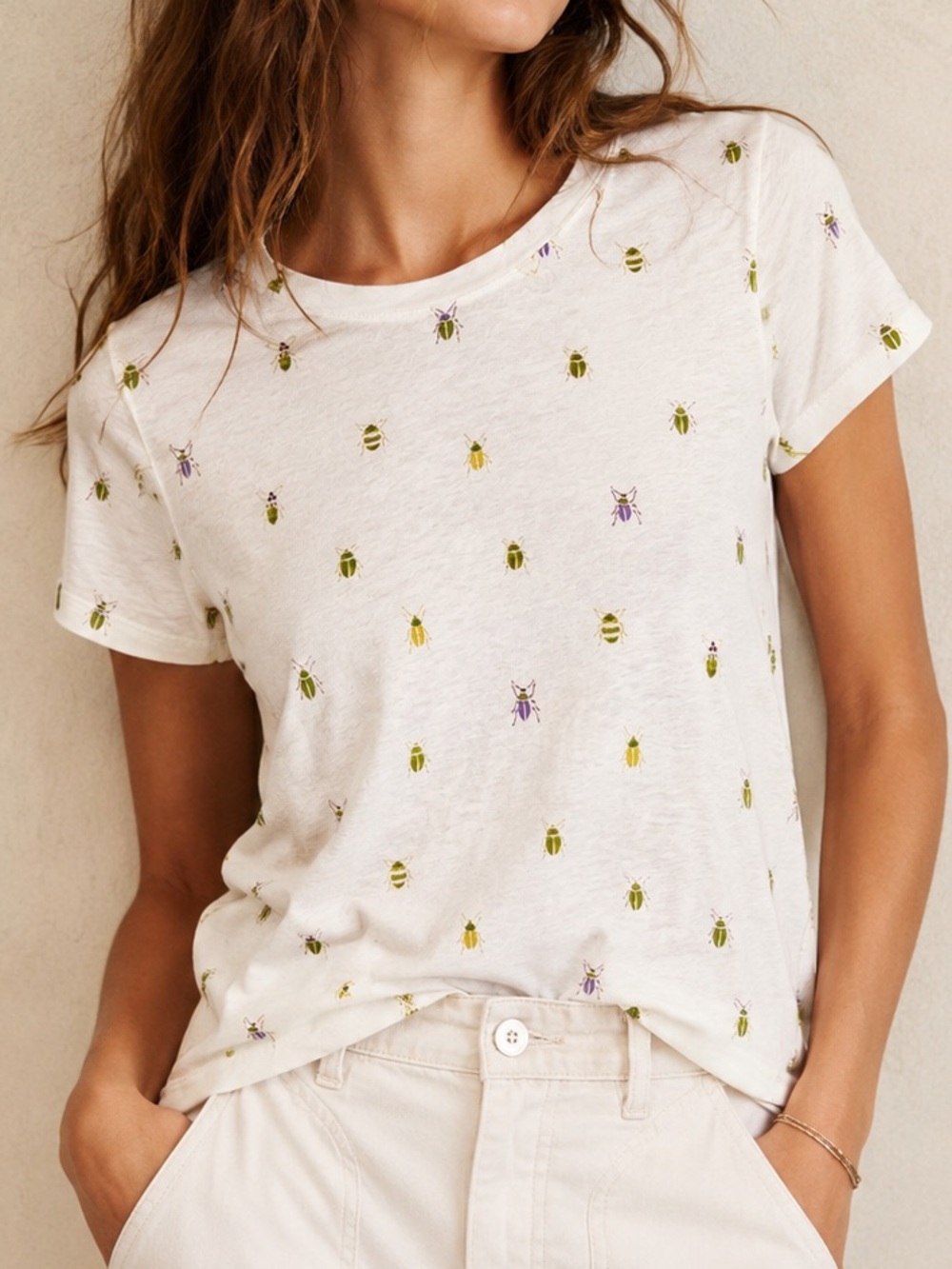 Anthropologie Pilcro Bug Print Cotton Tee Shirt Ivory Short Sleeve Size XS